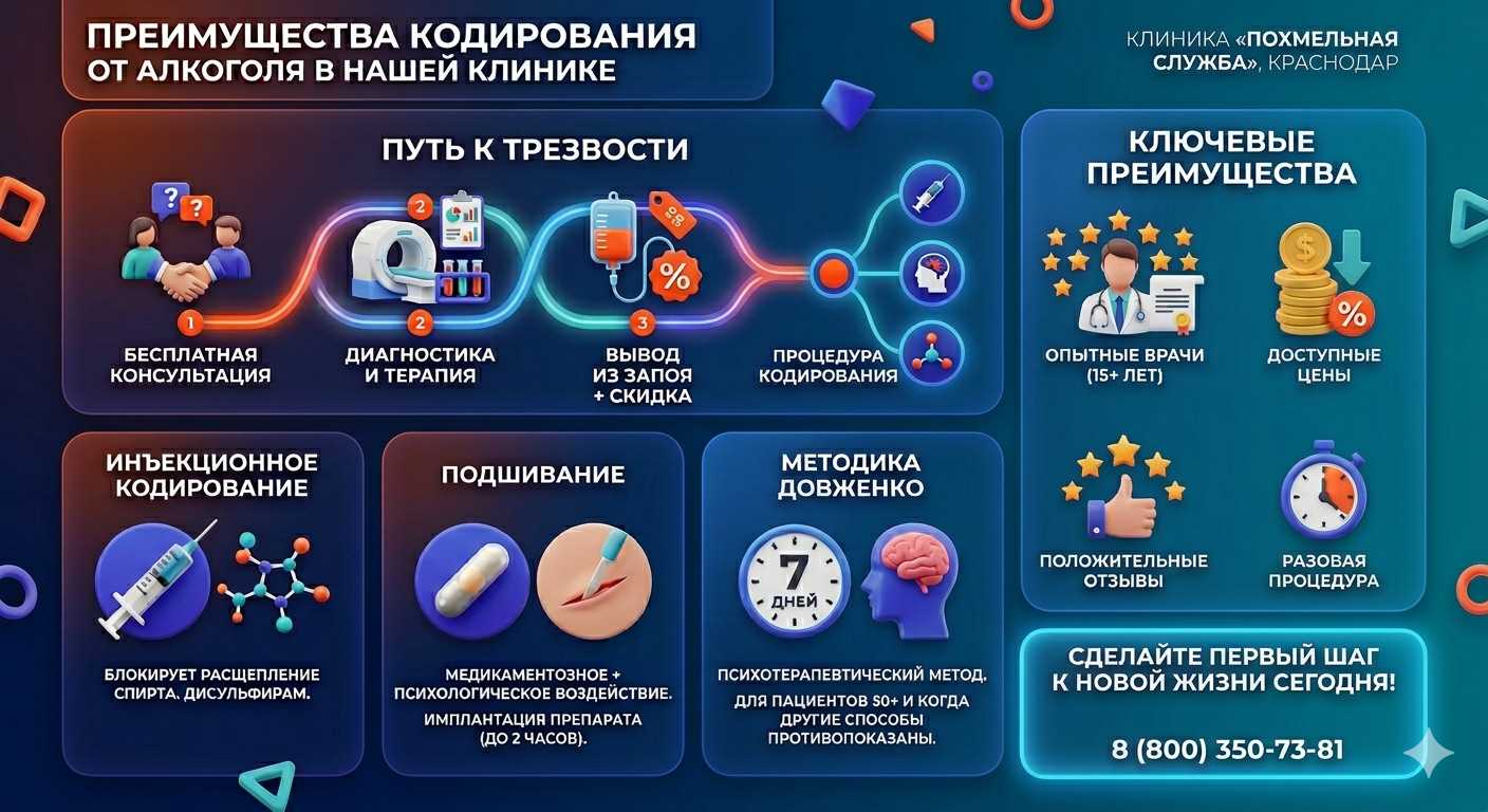 Инфографика о методах кодирования от алкоголя в Ессентукской: инъекции, подшивание, метод Довженко. Преимущества клиники и этапы лечения.